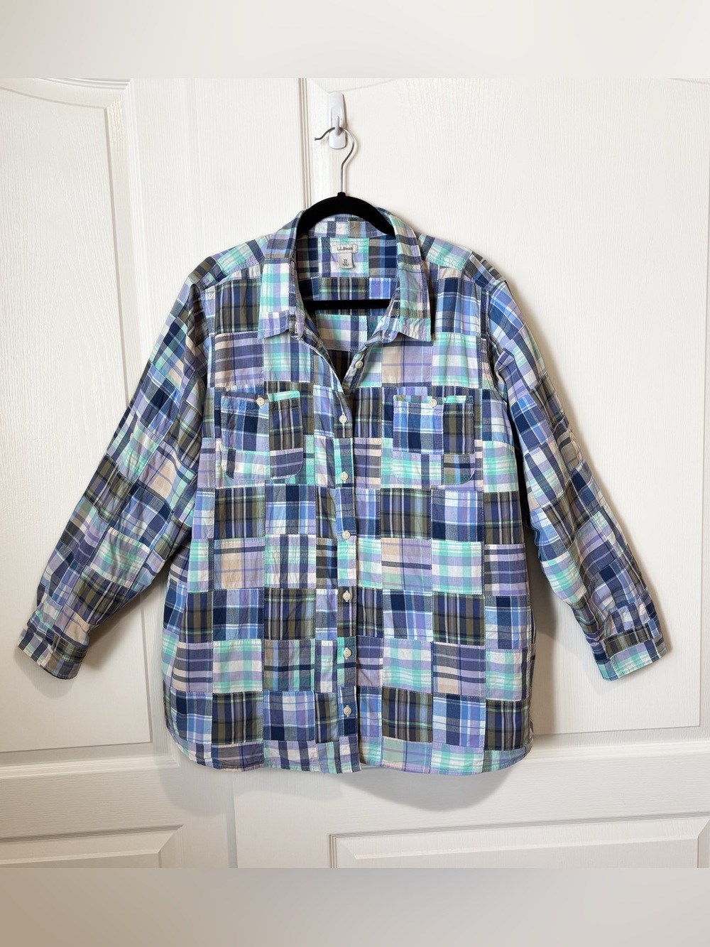 L.L. Bean Women’s 3X Blue Green Plaid Patchwork Button Down Shirt Chest Pockets